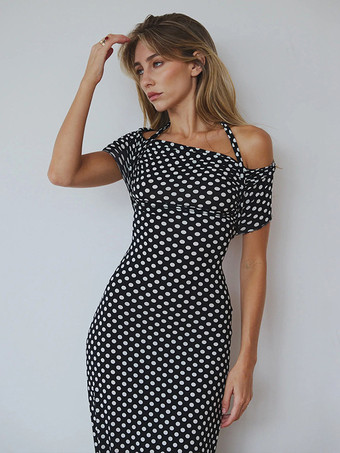 2025年レディース向けコールドショルダー付きドット柄マキシドレス