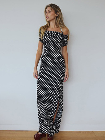 ブラック 2025年レディース向けコールドショルダー付きドット柄マキシドレス