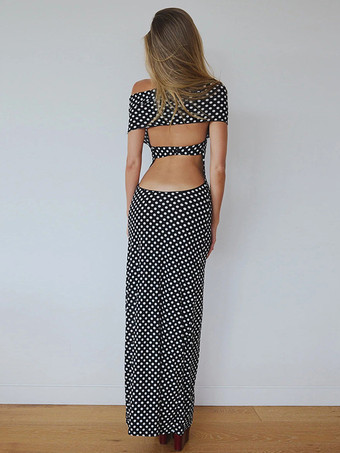 2025年レディース向けコールドショルダー付きドット柄マキシドレス