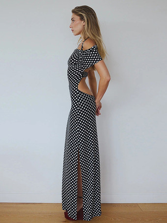 2025年レディース向けコールドショルダー付きドット柄マキシドレス