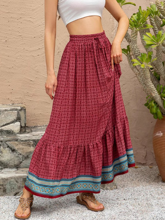 ボヘミアンプリントのゆったりとしたハイウエストのロングスカート（レディース2025年版）