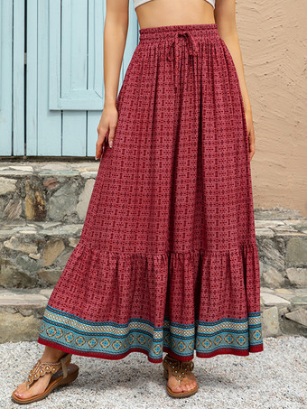 レッド ボヘミアンプリントのゆったりとしたハイウエストのロングスカート（レディース2025年版）