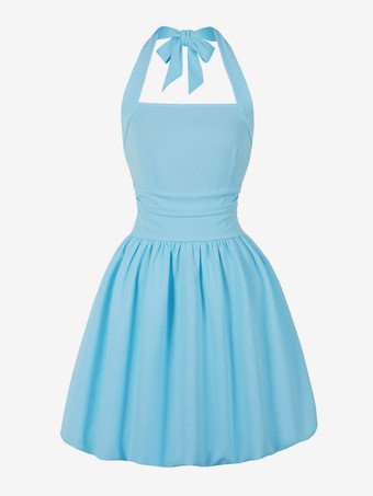 ライトスカイブルーホルターネックのレトロドレス、蝶ネクタイバックのヘップバーンスタイルのショートドレス（レディース）2026