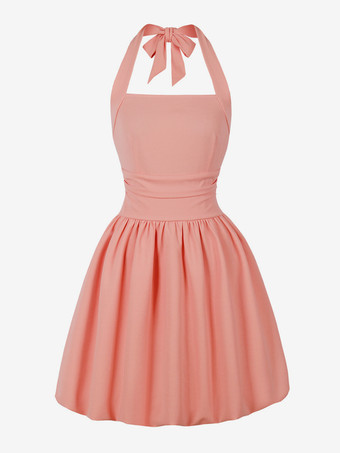 ピンクホルターネックのレトロドレス、蝶ネクタイバックのヘップバーンスタイルのショートドレス（レディース）2026
