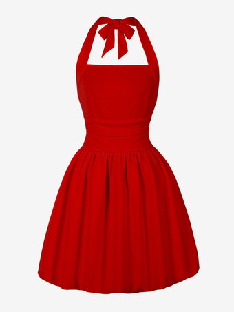 レッド ホルターネックのレトロドレス、蝶ネクタイバックのヘップバーンスタイルのショートドレス（レディース）2026