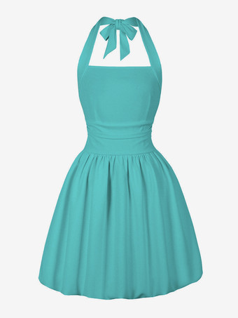 グリーン ホルターネックのレトロドレス、蝶ネクタイバックのヘップバーンスタイルのショートドレス（レディース）2026