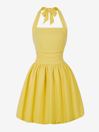 イエローホルターネックのレトロドレス、蝶ネクタイバックのヘップバーンスタイルのショートドレス（レディース）2026