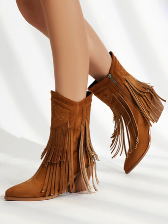 ブラウンレディース アンクルブーツ スエード ポインテッドトゥ カウガールブーツ タッセル付き