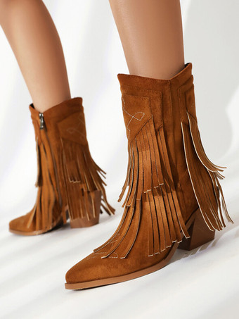 レディース アンクルブーツ スエード ポインテッドトゥ カウガールブーツ タッセル付き