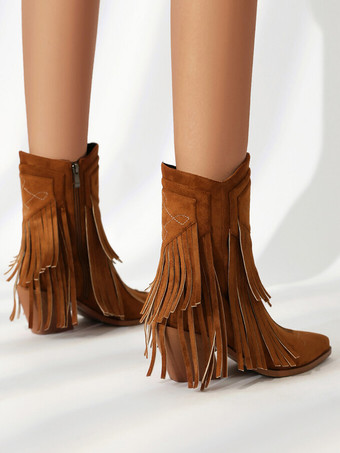 レディース アンクルブーツ スエード ポインテッドトゥ カウガールブーツ タッセル付き