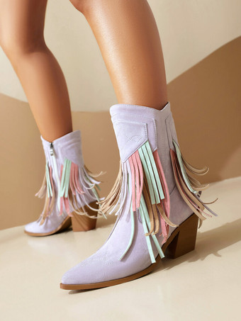 ライラックカラーレディース アンクルブーツ スエード ポインテッドトゥ カウガールブーツ タッセル付き