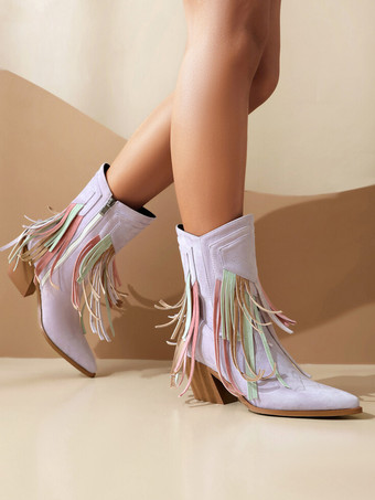 レディース アンクルブーツ スエード ポインテッドトゥ カウガールブーツ タッセル付き