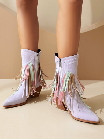 レディース アンクルブーツ スエード ポインテッドトゥ カウガールブーツ タッセル付き