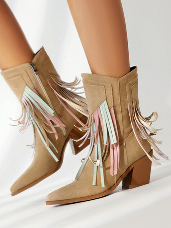 レディース アンクルブーツ スエード ポインテッドトゥ カウガールブーツ タッセル付き