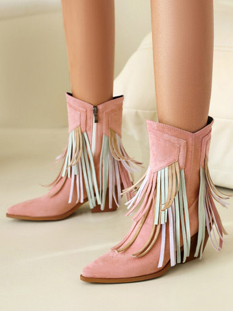サーモンピンクレディース アンクルブーツ スエード ポインテッドトゥ カウガールブーツ タッセル付き
