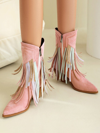 レディース アンクルブーツ スエード ポインテッドトゥ カウガールブーツ タッセル付き