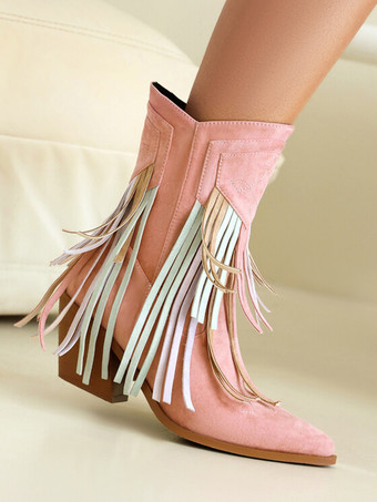 レディース アンクルブーツ スエード ポインテッドトゥ カウガールブーツ タッセル付き
