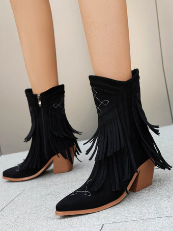 ブラック レディース アンクルブーツ スエード ポインテッドトゥ カウガールブーツ タッセル付き