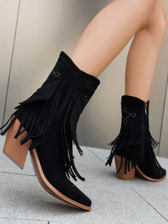 レディース アンクルブーツ スエード ポインテッドトゥ カウガールブーツ タッセル付き