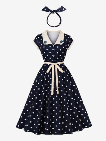 ダークネイビードット柄ミディ丈ヴィンテージドレス（ベルト付き）ヘップバーンスタイル サマーコーデセット（レディース 2025年）