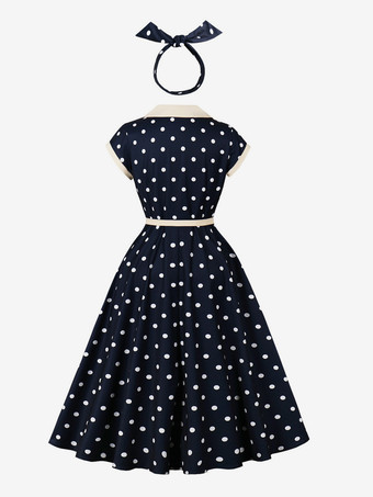 ドット柄ミディ丈ヴィンテージドレス（ベルト付き）ヘップバーンスタイル サマーコーデセット（レディース 2025年）