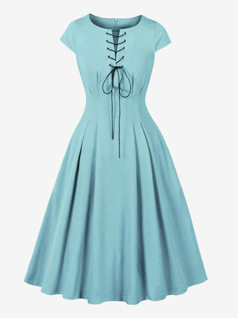 ライトスカイブルーレースアップフロントのヴィンテージドレス、ヘップバーンスタイルのAラインミディドレス（レディース）2026