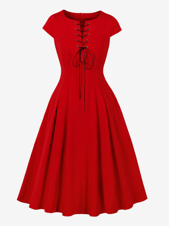 レッド レースアップフロントのヴィンテージドレス、ヘップバーンスタイルのAラインミディドレス（レディース）2026