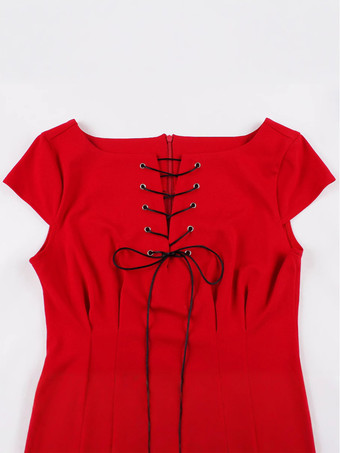 レースアップフロントのヴィンテージドレス、ヘップバーンスタイルのAラインミディドレス（レディース）2026