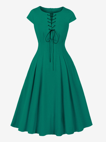 グリーン レースアップフロントのヴィンテージドレス、ヘップバーンスタイルのAラインミディドレス（レディース）2026