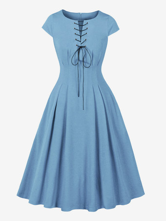 ブルー レースアップフロントのヴィンテージドレス、ヘップバーンスタイルのAラインミディドレス（レディース）2026