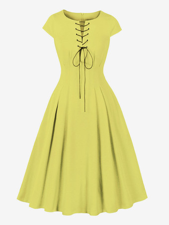 イエローレースアップフロントのヴィンテージドレス、ヘップバーンスタイルのAラインミディドレス（レディース）2026