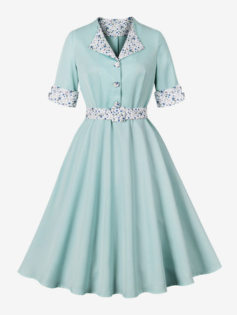 ライトグリーン グリーンのヴィンテージドレス（花柄アクセント付き）ヘップバーン風Aラインミディドレス（レディース）2025