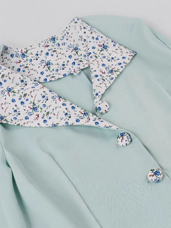 グリーンのヴィンテージドレス（花柄アクセント付き）ヘップバーン風Aラインミディドレス（レディース）2025