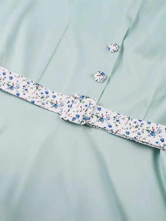 グリーンのヴィンテージドレス（花柄アクセント付き）ヘップバーン風Aラインミディドレス（レディース）2025