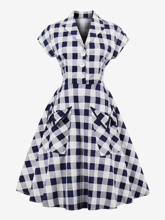 ディープブルーギンガムチェックのヴィンテージドレス 半袖 ヘップバーンスタイル Aライン ミディドレス レディース 2025