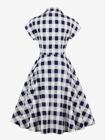 ギンガムチェックのヴィンテージドレス 半袖 ヘップバーンスタイル Aライン ミディドレス レディース 2025