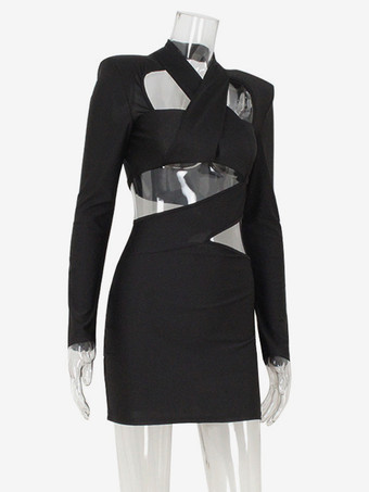 2025年の夜のお出かけにぴったりの、ブラックの長袖カットアウトボディコンミニドレス