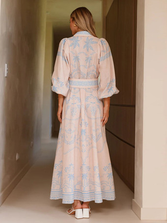 トロピカルプリントのベルト付きロングドレス（レディース、長袖）2025年