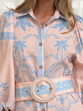 トロピカルプリントのベルト付きロングドレス（レディース、長袖）2025年