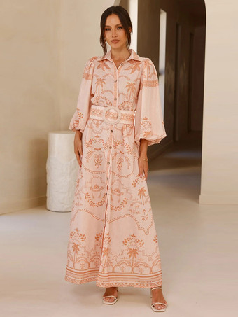 ピンクトロピカルプリントのベルト付きロングドレス（レディース、長袖）2025年