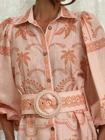 トロピカルプリントのベルト付きロングドレス（レディース、長袖）2025年