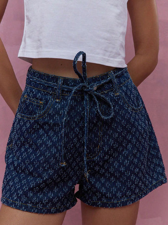 ブルー ベルト付きプリントデニムショートパンツ（レディース）2025