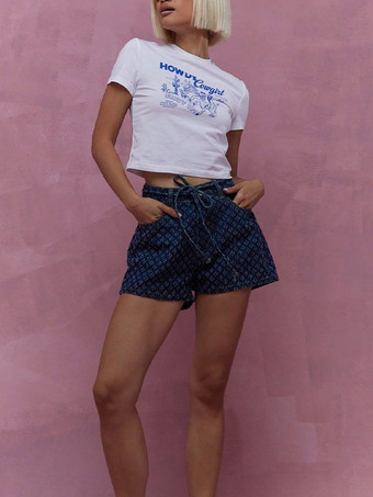 ベルト付きプリントデニムショートパンツ（レディース）2025