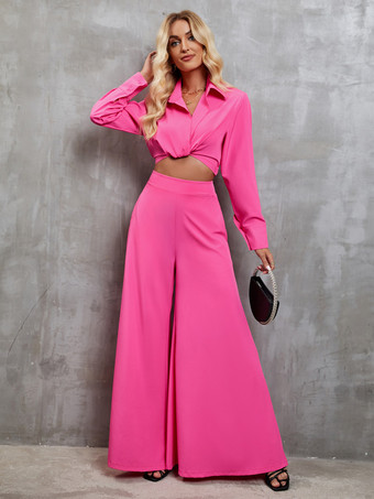 RoseoCompleto coordinato da due pezzi con maglia a maniche lunghe e pantaloni a gamba larga per donna 2025