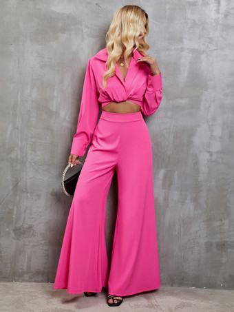 Completo coordinato da due pezzi con maglia a maniche lunghe e pantaloni a gamba larga per donna 2025