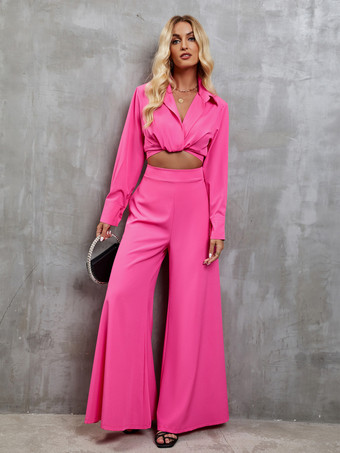 Completo coordinato da due pezzi con maglia a maniche lunghe e pantaloni a gamba larga per donna 2025