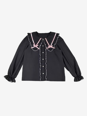 ロリータブラウス レースアップ フリル ラウンドカラー 長袖シャツ