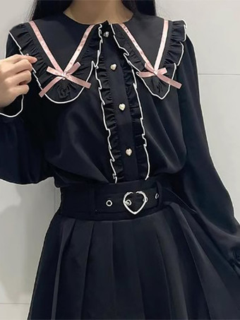 ブラック ロリータブラウス レースアップ フリル ラウンドカラー 長袖シャツ
