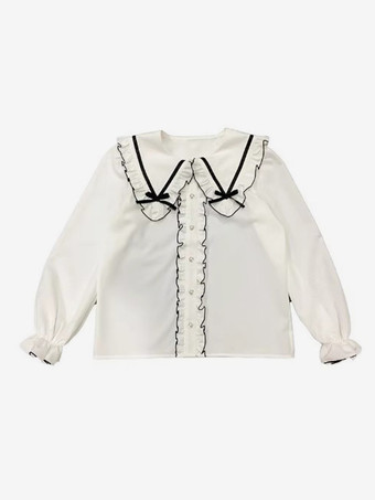 ロリータブラウス レースアップ フリル ラウンドカラー 長袖シャツ