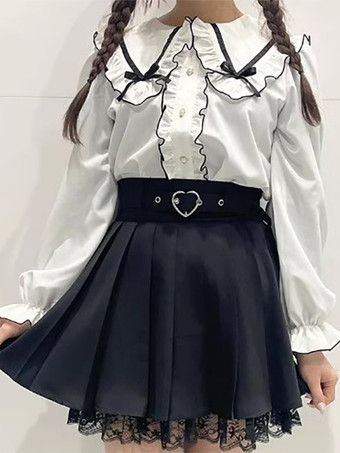 ホワイト ロリータブラウス レースアップ フリル ラウンドカラー 長袖シャツ